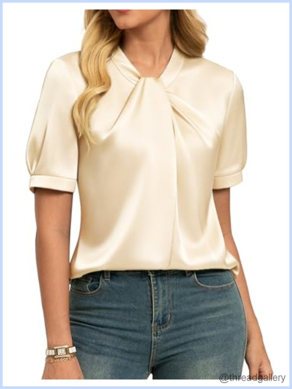Satin Short Sleeve Mock Neck Blouse Business Casual Work Top